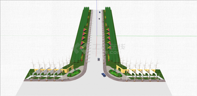 现代黄粉红绿色道路公路绿化带su模型-图二