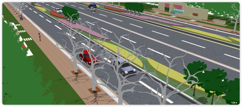 粉红色黄色道路公路绿化带su模型-图二