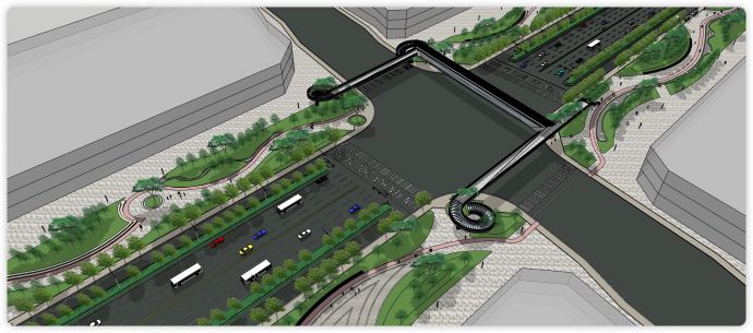 人行道天桥道路公路绿化带su模型_图1