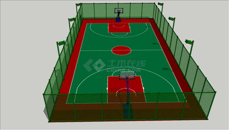 绿色篮球场运动场带铁丝网围栏SU模型-图一