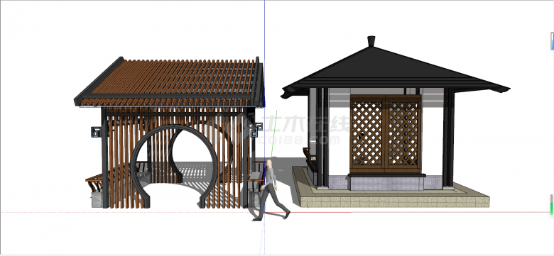 两个中式风复古单檐隔亭子廊架SU模型-图二