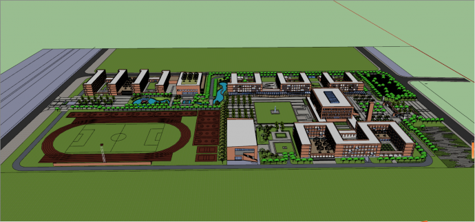 带篮球场水池的学校建筑规划SU模型_图1