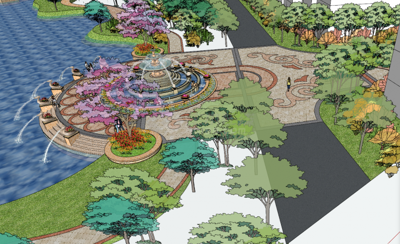 景观半岛及喷泉水景su模型-图二