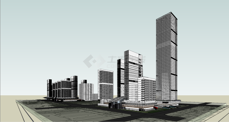 CBD中央城市办公商业区与居住区整体su模型-图一