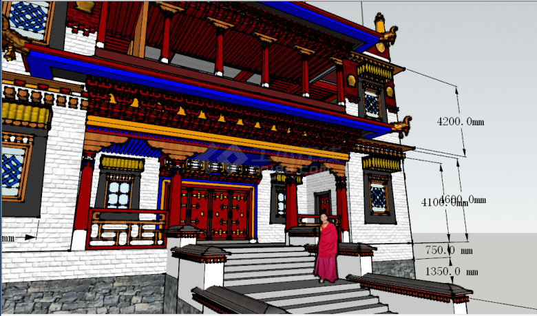 中式白墙红顶佛教寺庙su模型-图二