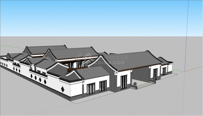 中式复古建筑三进四合院SU模型-图二