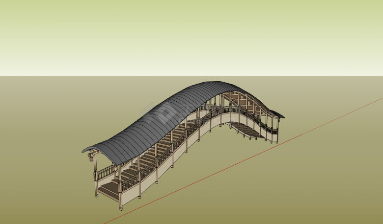 黑色顶棚中式仿古建筑长廊桥SU模型-图一