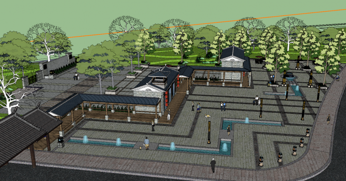青山绿水包围的中式大型广场入口景观建筑su模型_图1