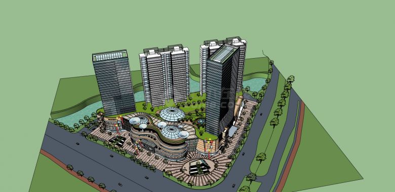 三座高层建筑城市商业综合体SU模型-图一