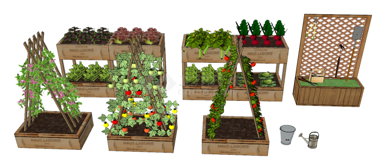 旁边有水桶的木质水果蔬菜种植器su模型-图一