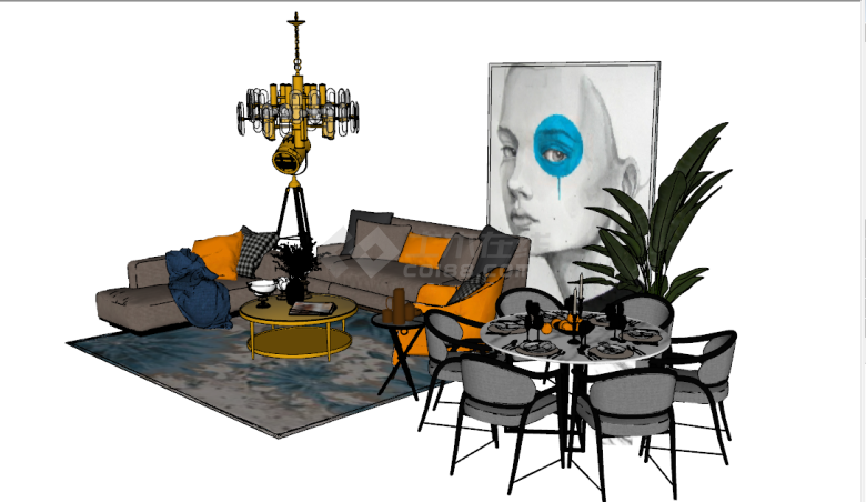 现代风格沙发茶几餐桌软装组合su模型-图二