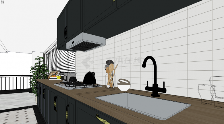 现代开放式厨房空间su模型-图二