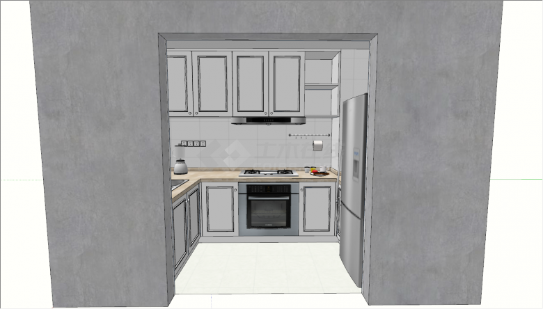 带有大冰箱和排插的灰色厨房空间su模型-图二