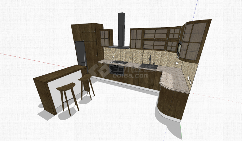 厨房棕色木制橱柜组合su模型-图二