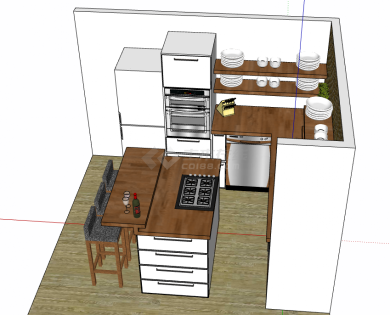 白色简约一体式厨房su模型-图二