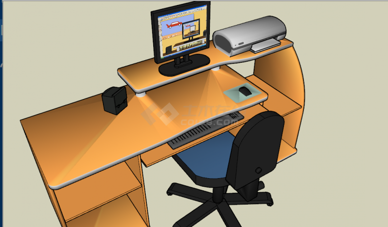 橙色板式办公桌电脑桌椅单体su模型-图二