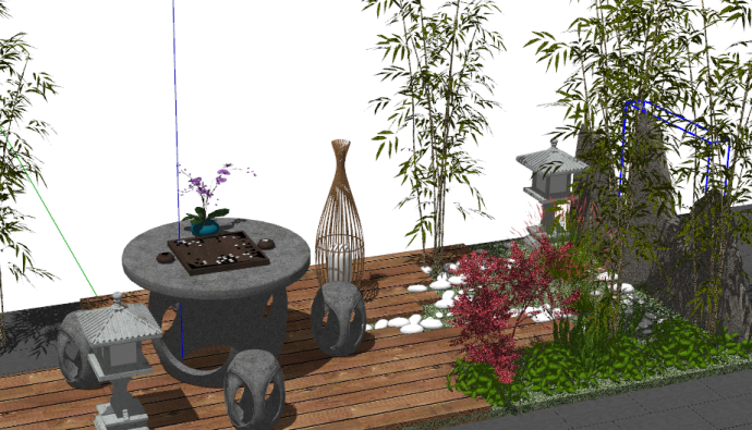 景区石桌石凳植物组合su模型_图1