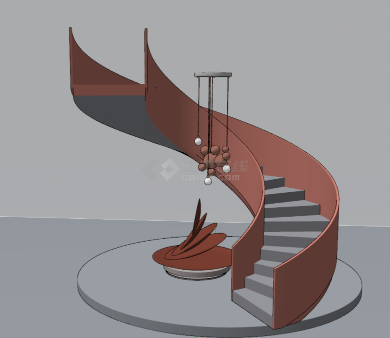 现代红色木质旋转楼梯su模型-图一
