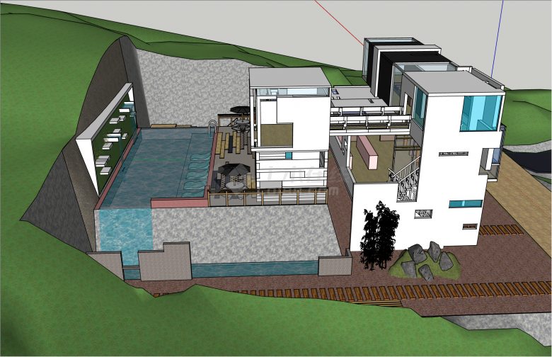 现代简约带泳池小别墅su模型-图二