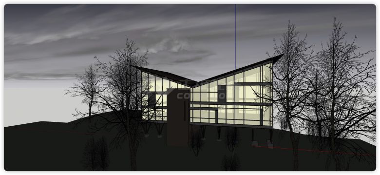 神秘V型屋顶玻璃结构别墅su模型-图二