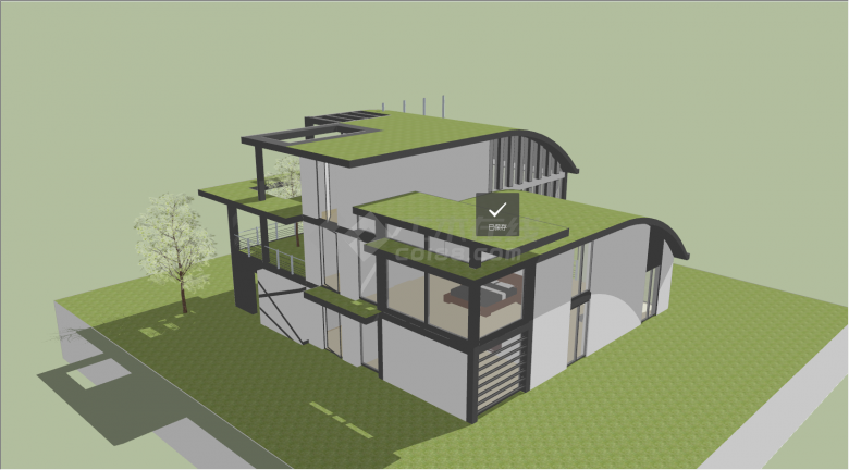 现代弧形绿色房顶别墅su模型-图二