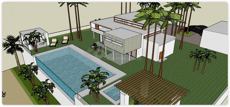 无边泳池现代风格别墅庭院su模型-图二