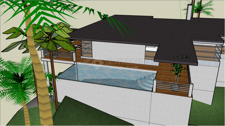 木地板大型阳台沙发床别墅庭院su模型-图二