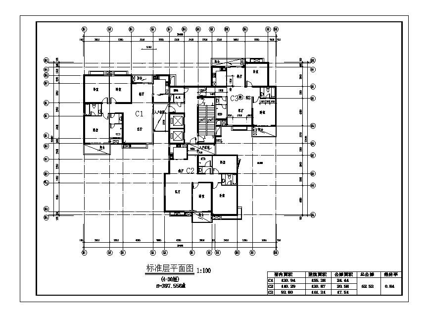 4-30层一梯三户住宅户型方案图