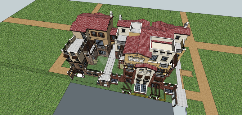 西班牙风格三拼住宅su模型-图一