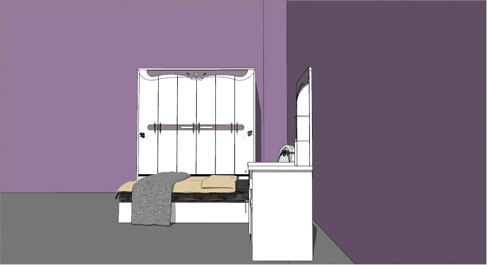 紫色墙面白色床su模型_图1