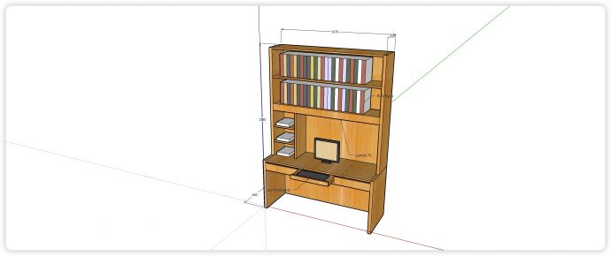 实木电脑桌书架一体柜子su模型_图1