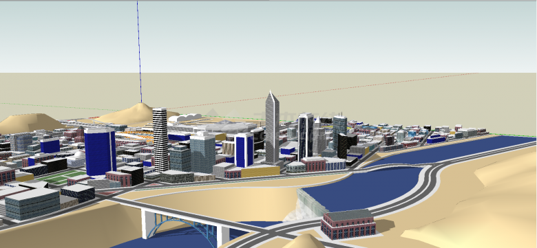 沙漠沿河城市建筑分布设计su模型-图二