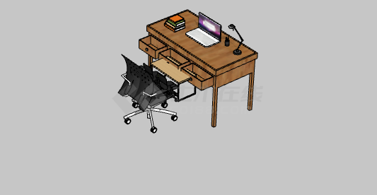 褐色桌子黑椅子办公室桌子 su模型-图一