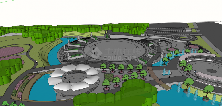 现代休闲喷泉式公园su模型-图二