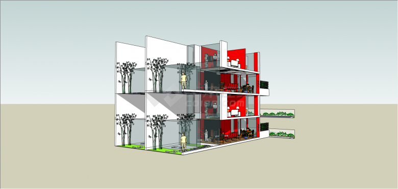 红白双拼多层复式住宅su模型-图一