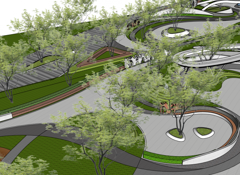 街头绿地口袋公园曲线线性市政公园景观su模型-图二
