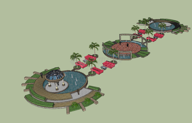 三个圆形水池带喷泉的公园景观建筑su模型-图二