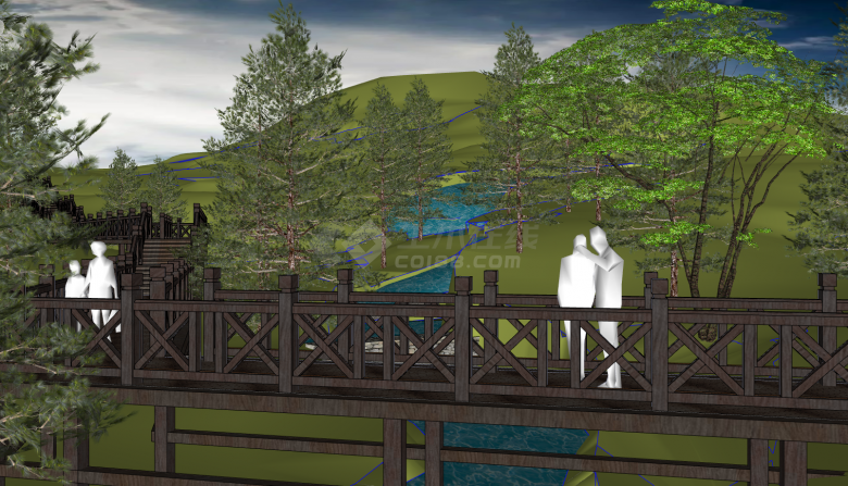 超大规模独木桥雨水花园湿地su模型 -图一