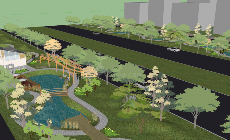 带了很多水池的雨水花园湿地su模型-图二