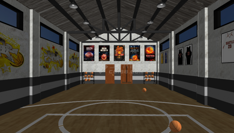 小型室内篮球场全景su模型-图二
