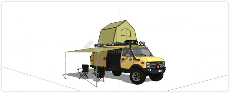 黄色雨棚车顶装帐篷房车su模型-图二