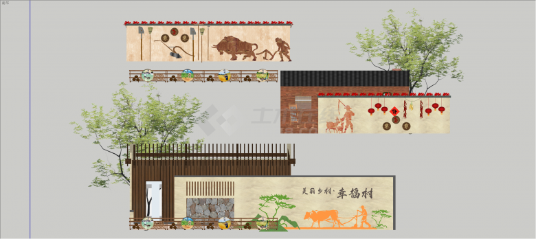 中式现代经典农耕文化景墙su模型-图二