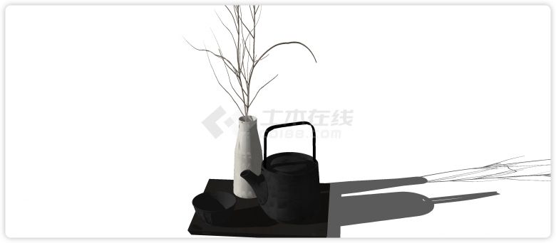 窄口花瓶铁制茶壶茶碗茶具su模型-图一