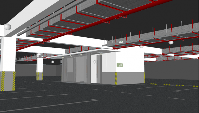管道全部是红色的现代地下车库su模型_图1
