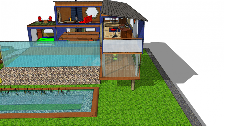 两层带游泳池集装箱su模型-图二