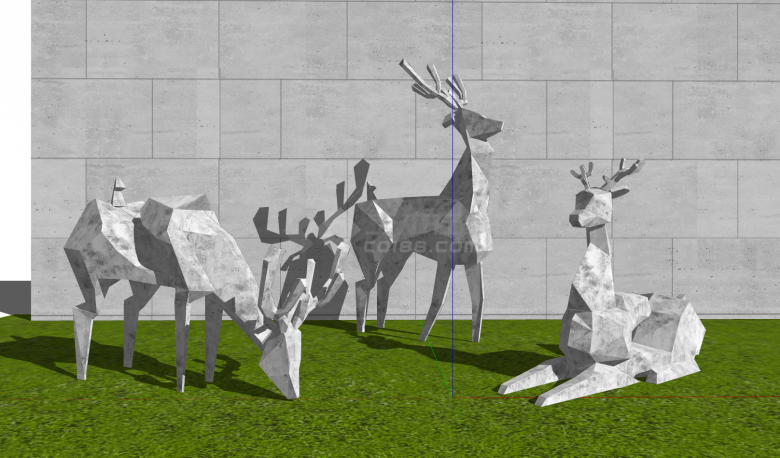 几何块面三只小鹿石雕动物雕塑su模型-图一