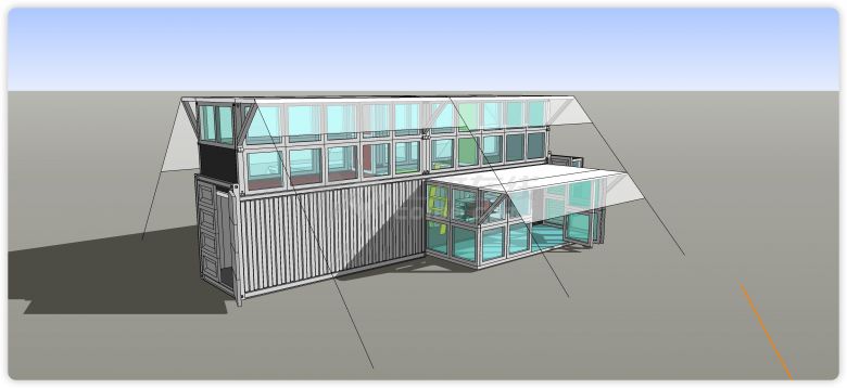 格子蓝色玻璃窗白色集装箱两层别墅su模型-图二