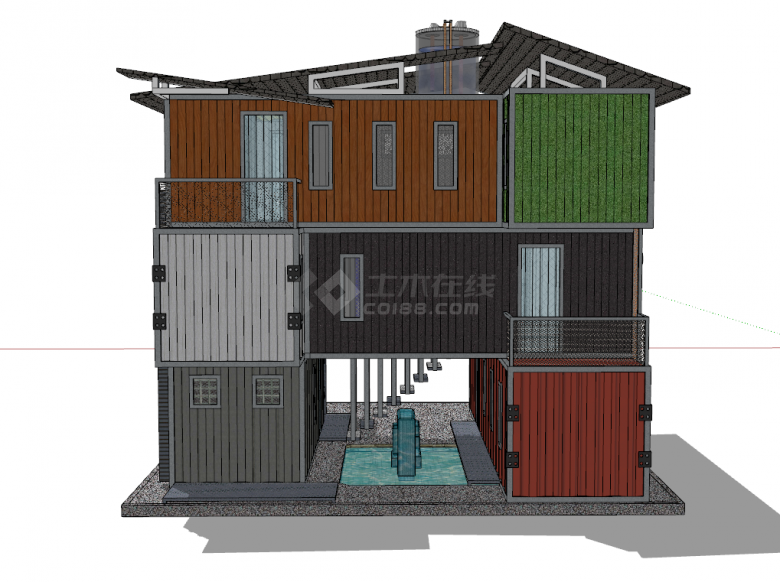 现代搭建集装箱式独栋房屋su模型-图一