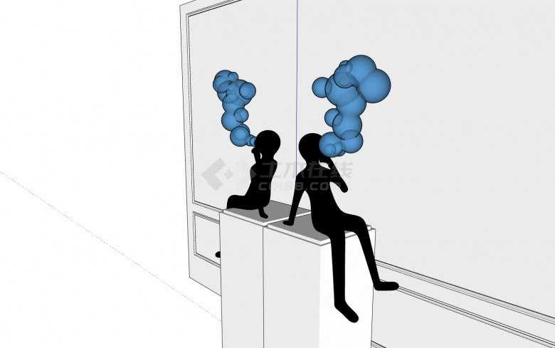 两个黑色坐立小人吹蓝色泡泡现代雕塑su模型-图二