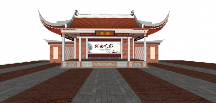 新中式中国红乡村舞台su模型_图1